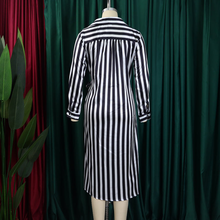 Striped Lapel Shirt Dress Loose Long Sleeve Dress