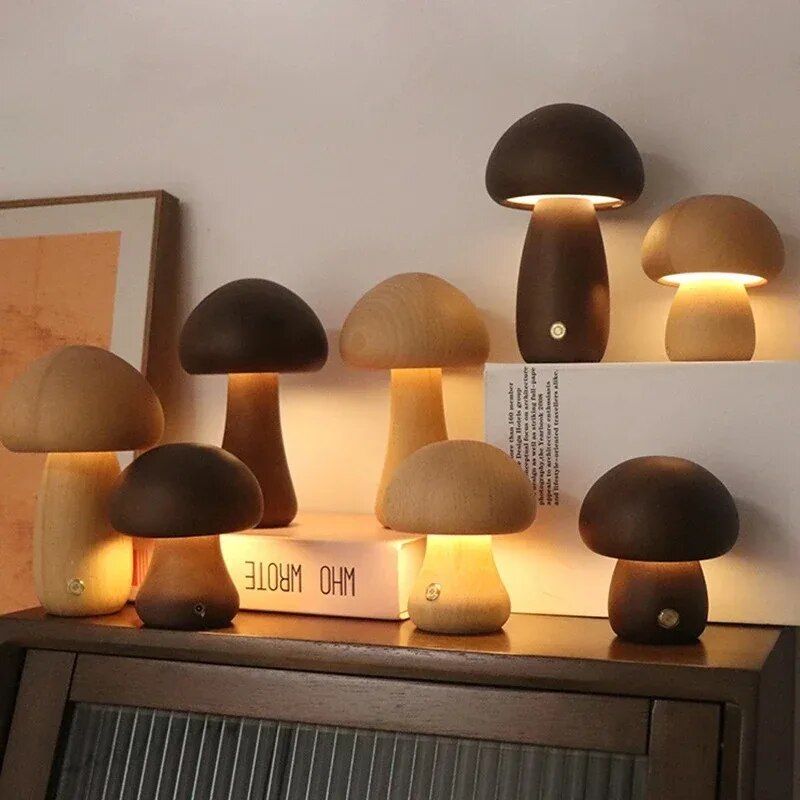 Charming Touch-Control LED Mushroom Night Light - Wooden Bedside Lamp with USB Charging