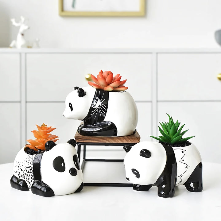 Cute Panda Ceramic Flower Pot - Black and White Cartoon Animal Planter for Home Decor