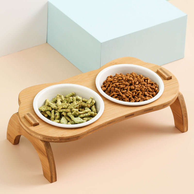 Elevated Bamboo Double Cat and Dog Bowls with Anti-Leak Design