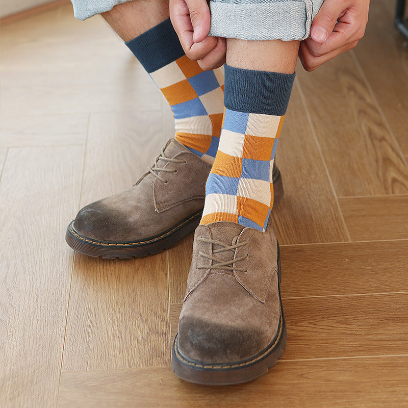 Autumn Winter English Style Pure Cotton Men's Plaid Socks