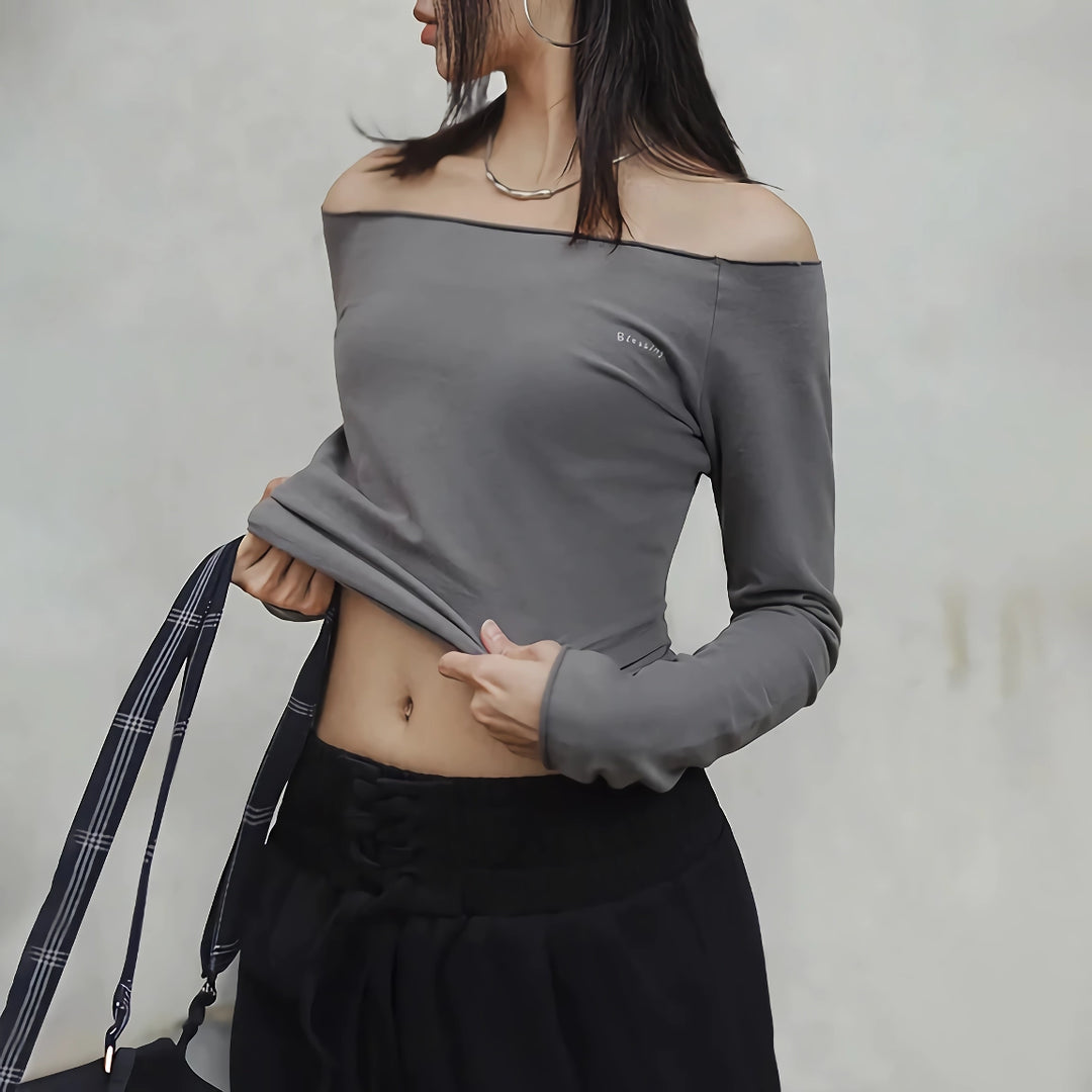 Elegant Slash Neck Long-Sleeved Gray T-Shirt for Women