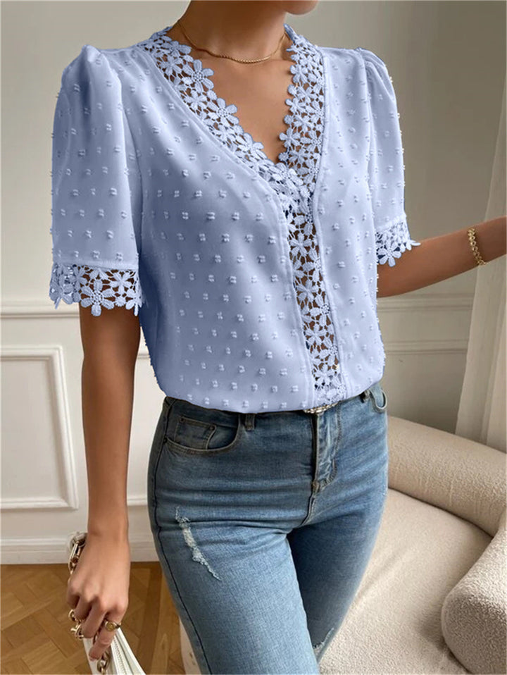 Floral Lace Short Sleeve Shirt Summer Fashion V-Neck Tops Women's Clothing