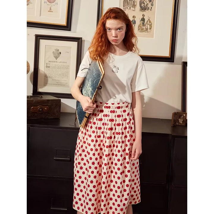 Women's Polka Dot A-line Cotton Skirt with Elastic Waist and Button Decoration