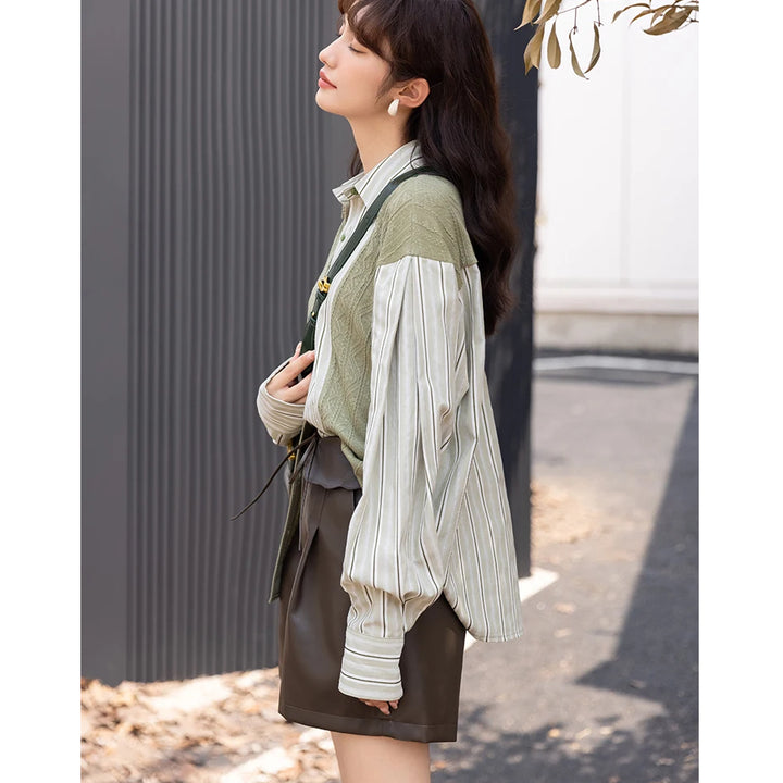 Autumn Korean Knitted Patchwork Striped Turndown Collar Casual Tops for Women