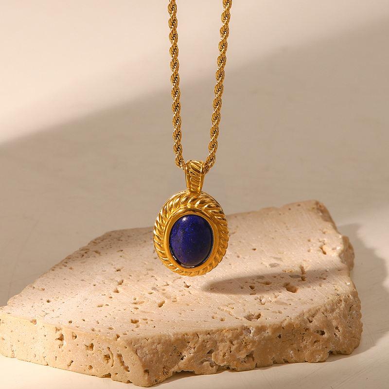 18K Gold Plated Rope Chain Necklace with Oval Lapis Pendant