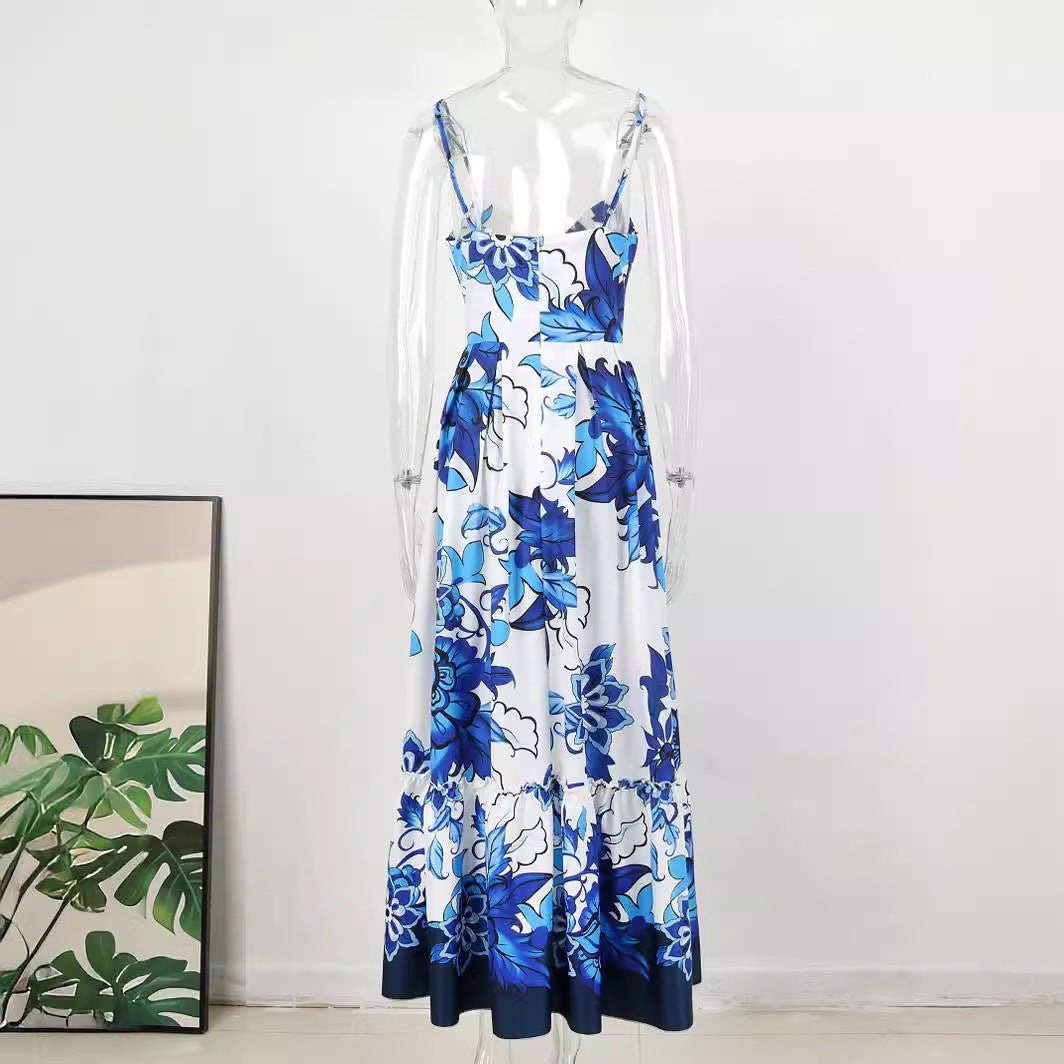 Fashion Blue Printed Sling Long Women's Dress