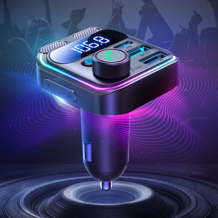 48W Bluetooth 5.3 Car FM Transmitter with Dual Mics & Fast Charging