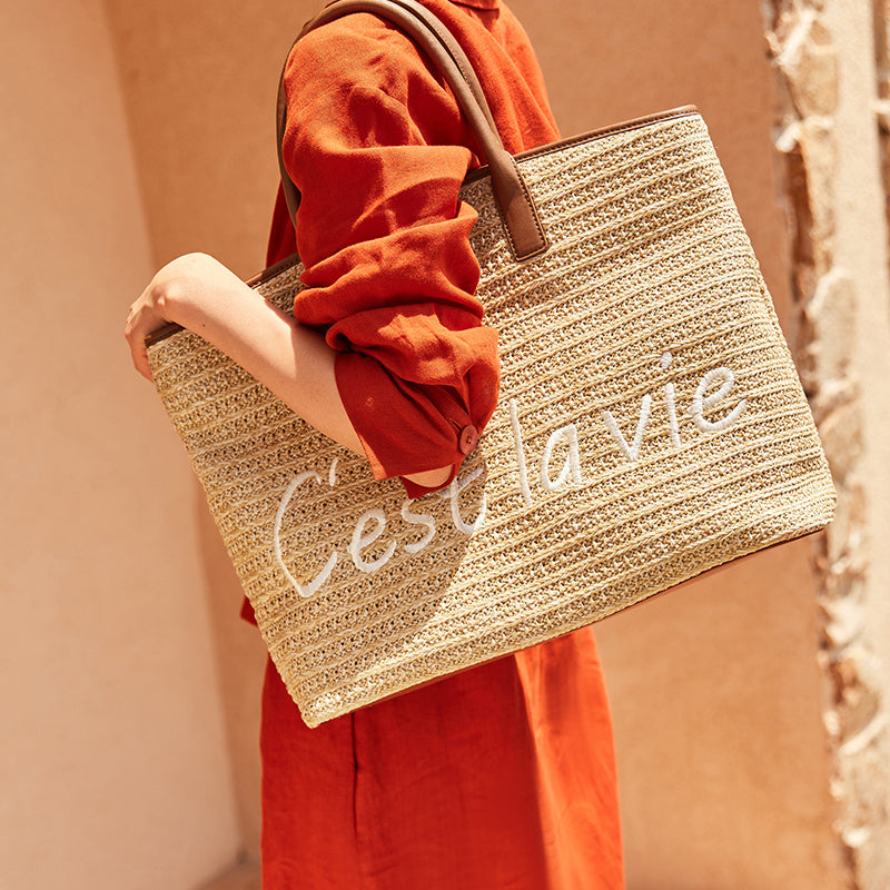 Casual Straw Tote Bag with Letter Decoration for Women