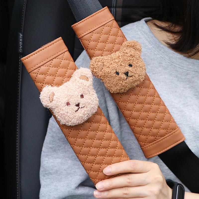 Cute Bear Car Seatbelt Cushion for Kids - Soft Leather Shoulder Strap Pad