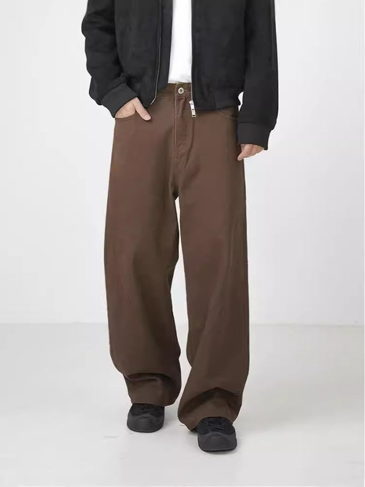 Washed Cotton Retro Brown Straight-leg Trousers