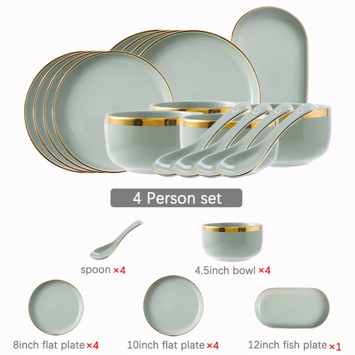 Classical Nordic Bone China Plates Set with Golden Edge, Porcelain Light Green Dinnerware for Elegant Dining