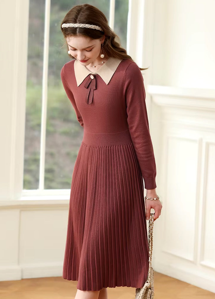 Winter Pleated A-Line Knit Dress with Bow Waist Fairycore Style