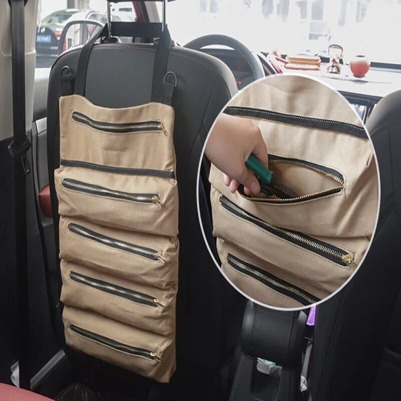 Canvas Car Seat Organizer - Foldable Storage Bag for Auto Accessories