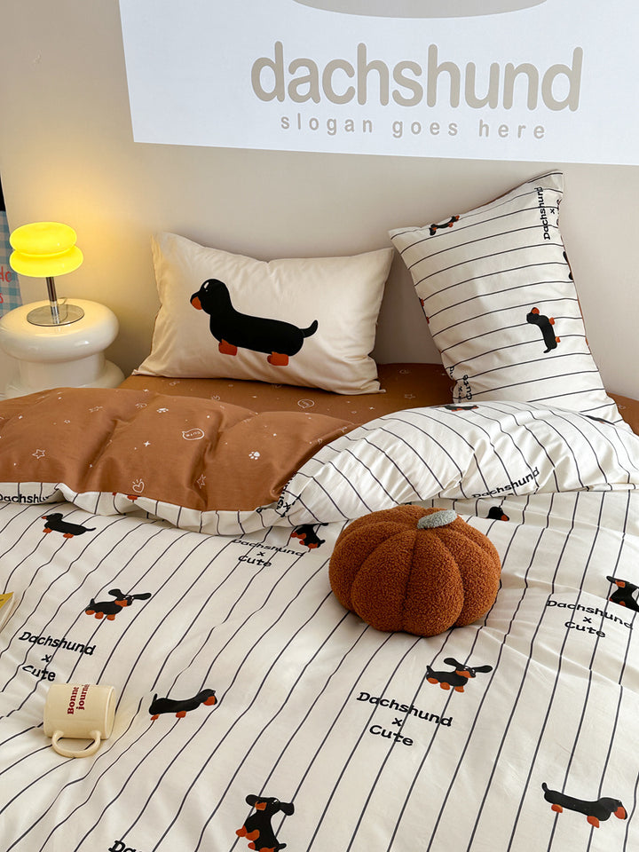 Cartoon Puppy Striped Four-piece Cotton Bedding Set