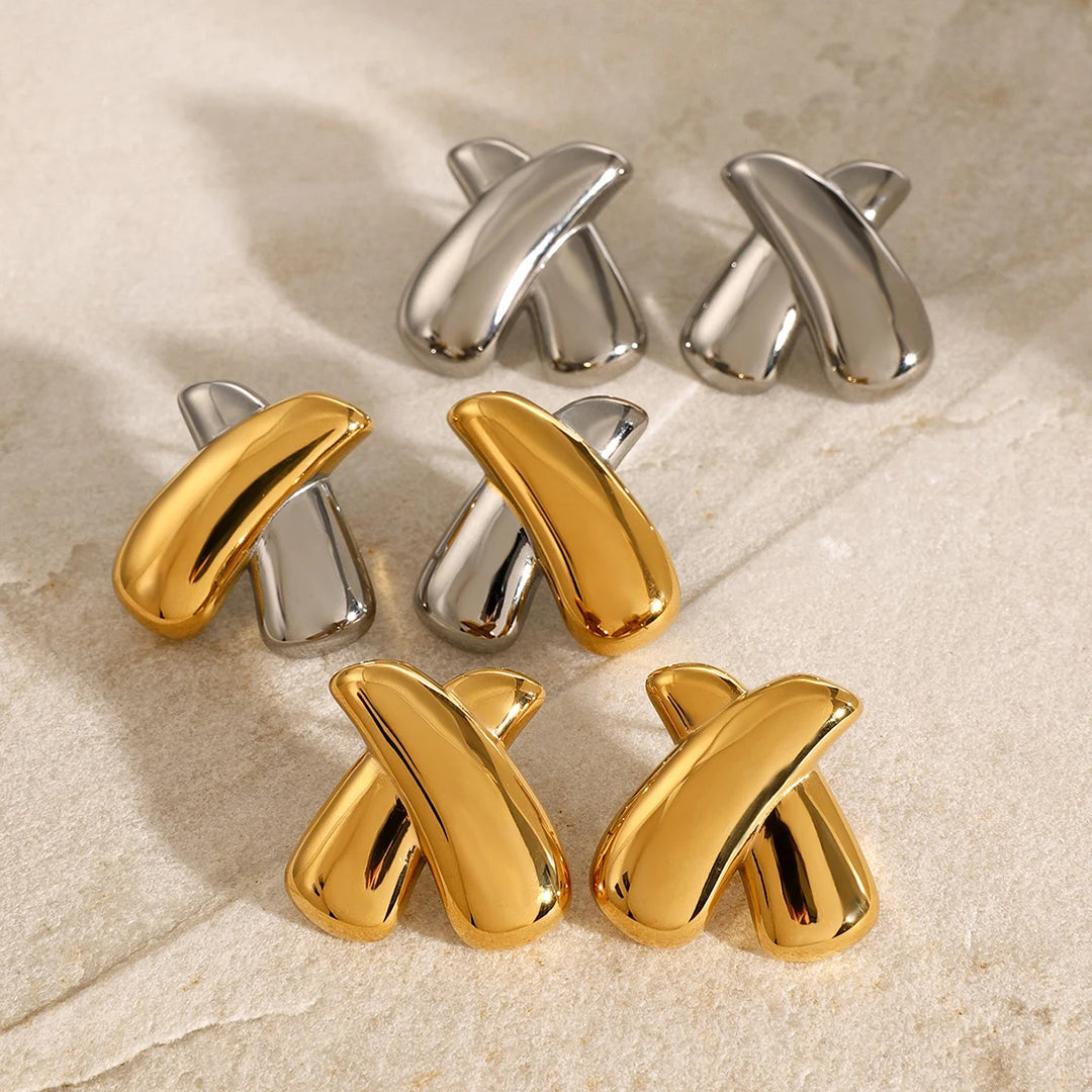 18K Gold PVD Plated Chubby X Shaped Stainless Steel Stud Earrings