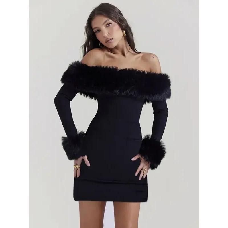 Elegant Off-Shoulder Fur-Trimmed Bodycon Mini Dress