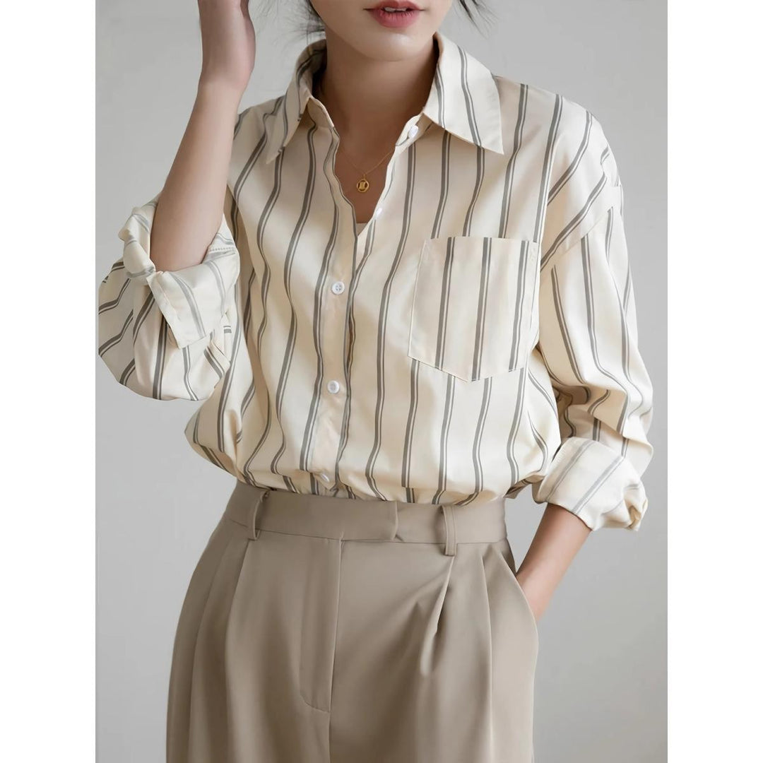 Elegant Striped Office Blouse with Drop Shoulder Design