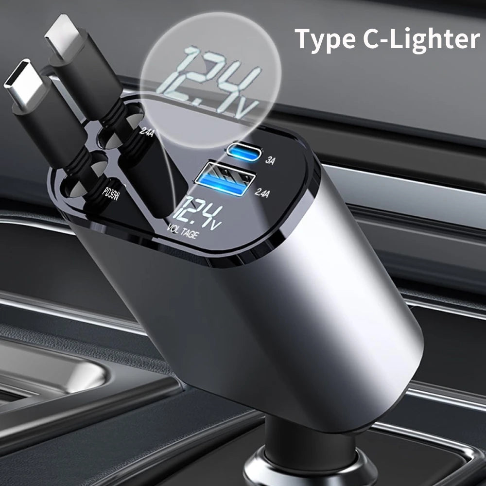 4-in-1 120W Retractable Car Charger with Fast Charging and Voltage Display