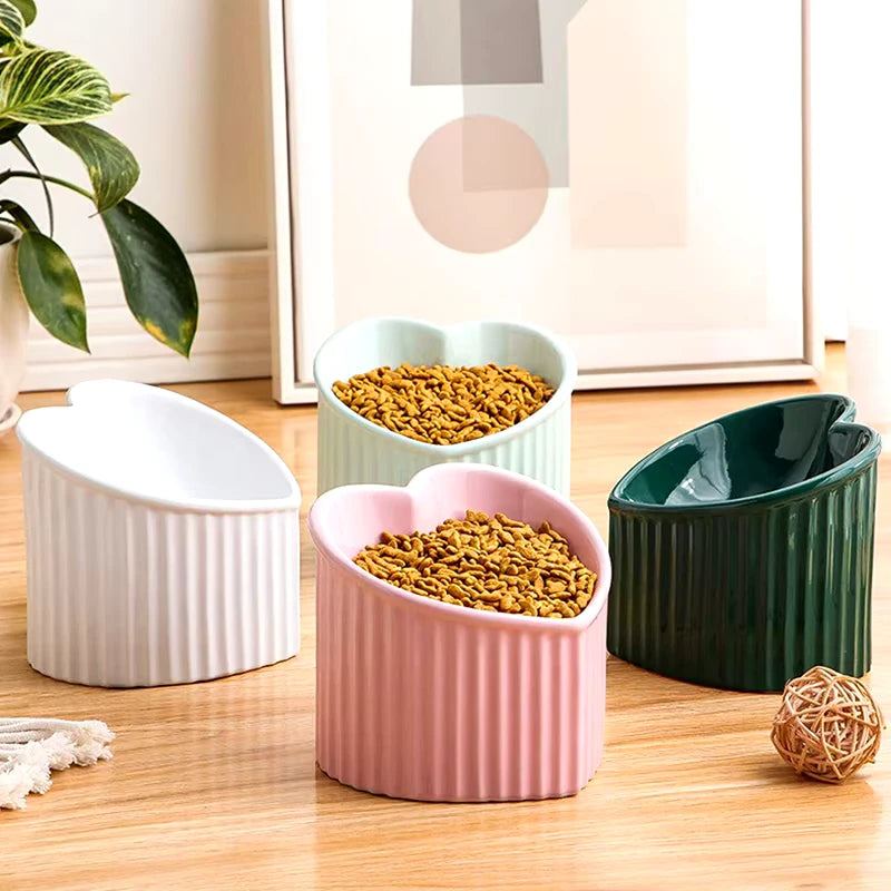 Ceramic Tilted Elevated Heart-Shaped Cat Bowl