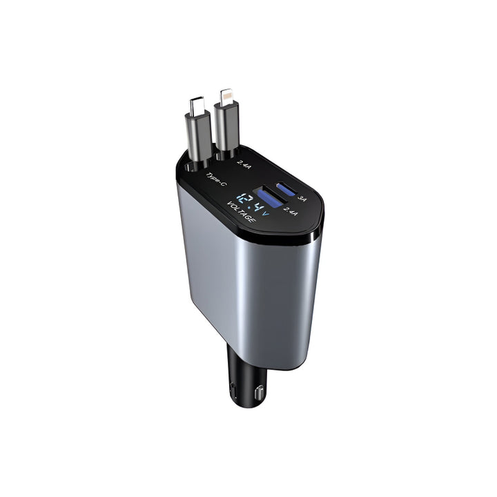 120W 4-in-1 Retractable Car Charger with USB-C and Dual USB Ports for iPhone & Android