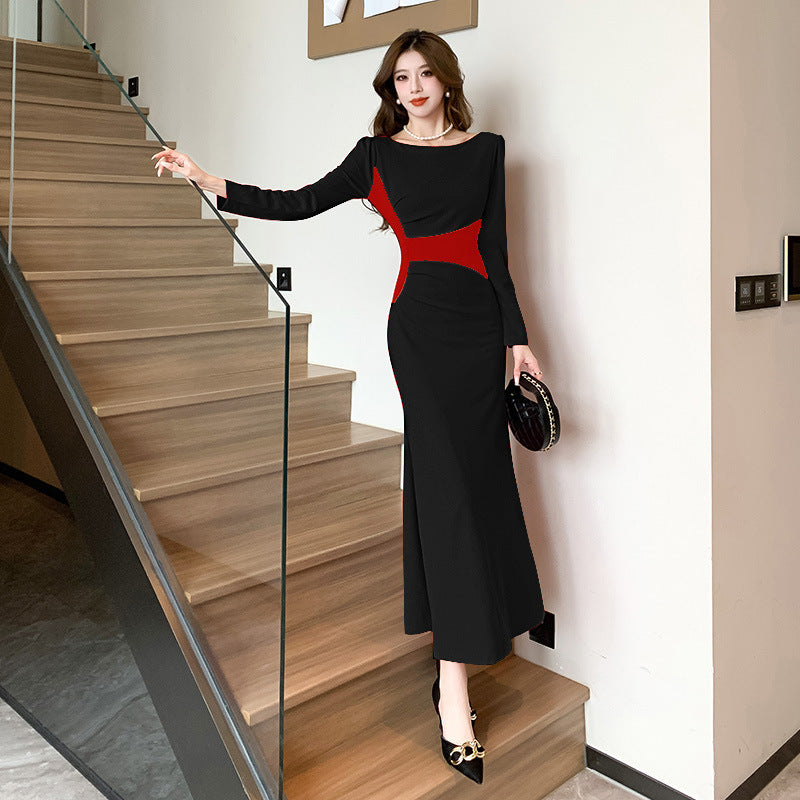 Women's High Class Elegant Contrast Color Slim Fit Dress Sheath Fishtail Dress