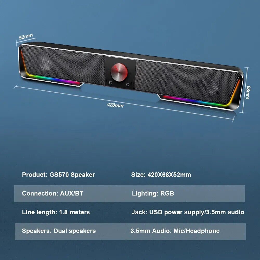 Wireless RGB Sound Bar with 3.5mm Aux and Bluetooth Connectivity