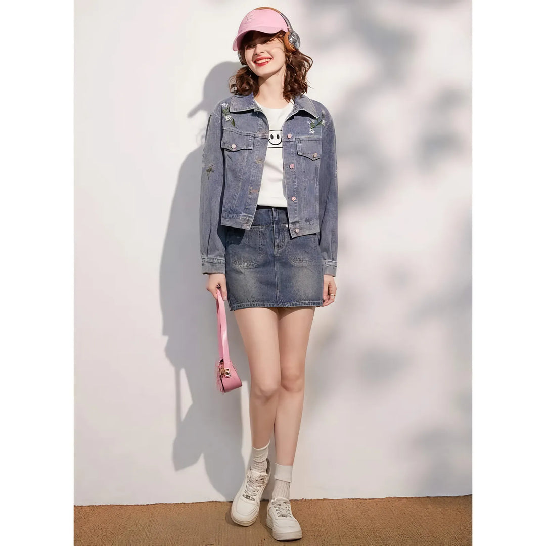 Sweet Embroidered Denim Jacket for Women