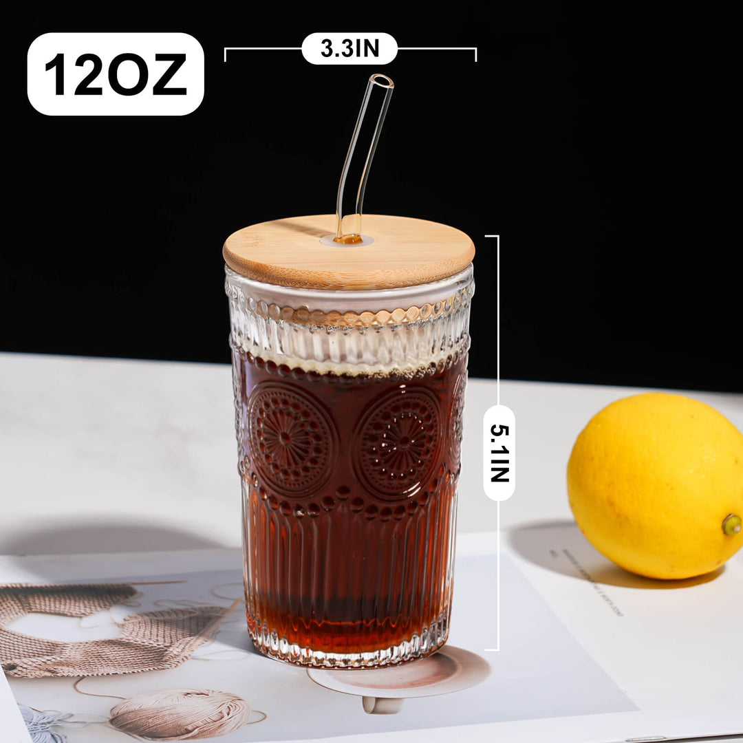 350ML Transparent Glass Cup with Wooden Lid & Straw