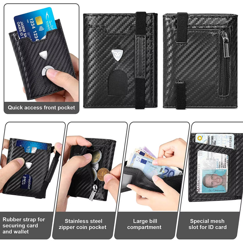 Slim Carbon Leather Wallet RFID Blocking Card Holder with Coin Compartment