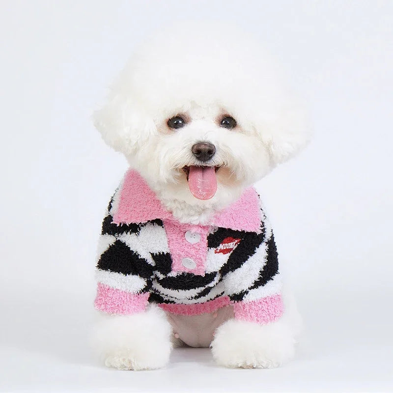 Winter Fleece Dog Sweater - Warm Thicken Pullover with Black and White Rhombus Print