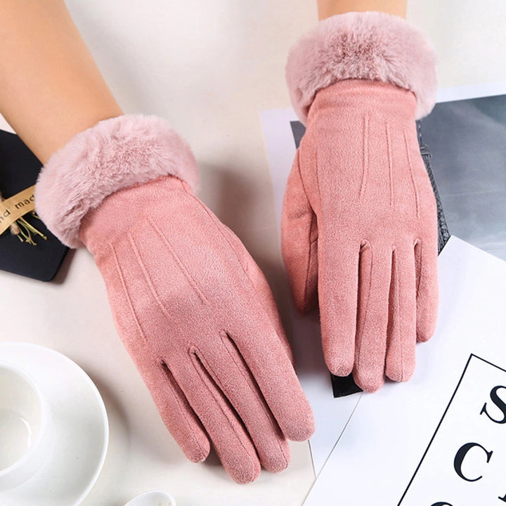 Women's Black Fur Winter Driving Gloves Windproof And Warm Touch Screen