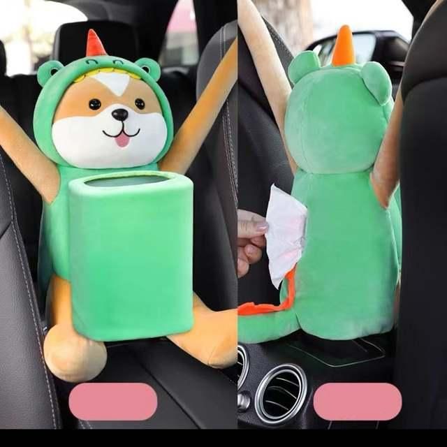 Cartoon Plush Car Tissue Holder with Integrated Trash Cabin