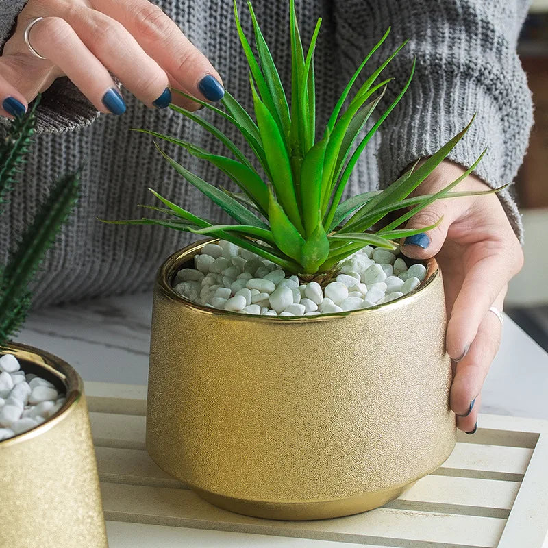 Gold Plated Ceramic Vase - Frosted Succulent Pot for Luxury Flower Arrangement