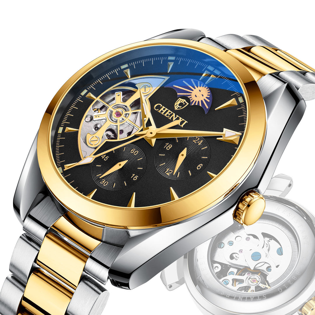 Men's Hand Waterproof Sun  Moon And Stars Automatic Hollow Mechanical Watch