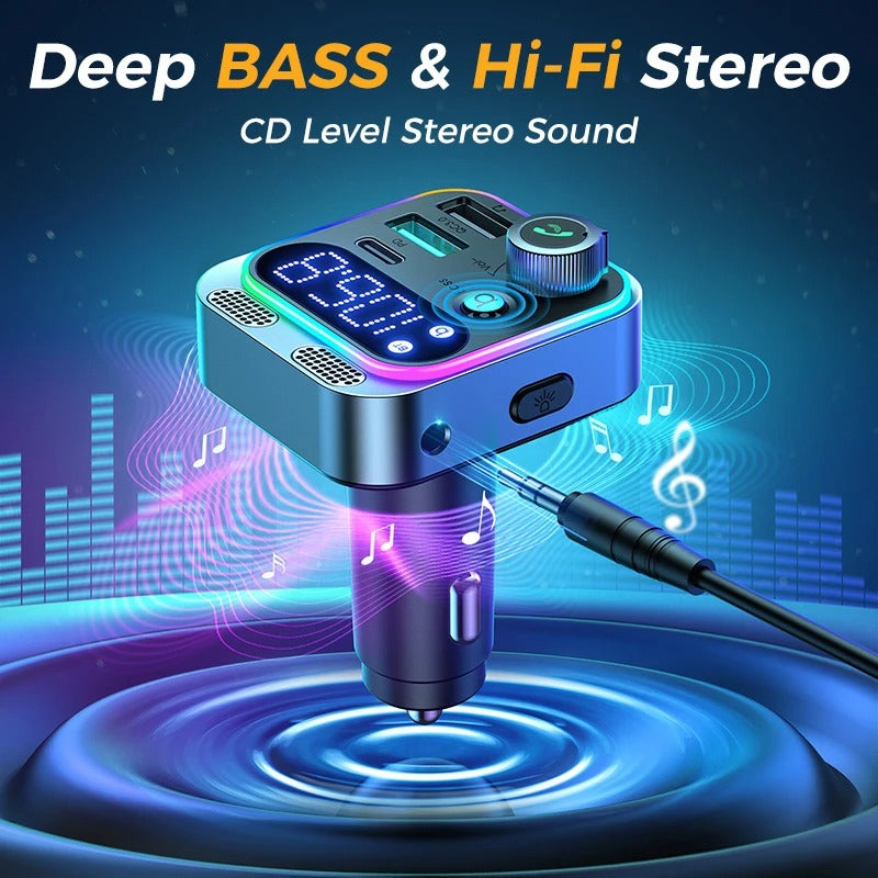 Bluetooth 5.3 FM Transmitter with Dual Mics & Deep Bass