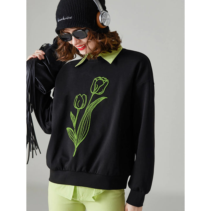 Fashionable Women's Floral Embroidered Loose Fit Pullover Hoodie