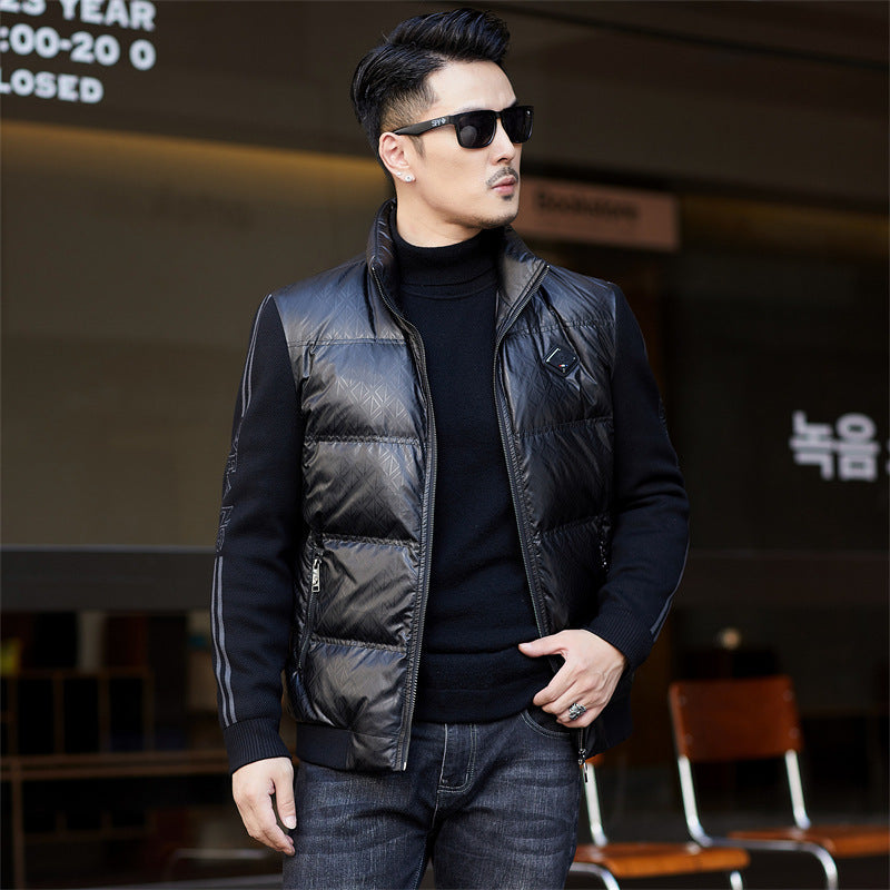 Down Jacket Men's Stand Collar Knitted Sleeve Casual Duck Down Coat