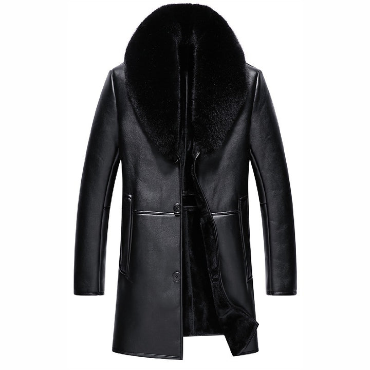 Winter Big Fur Collar Men's Leather Coat Padded Fleece Jacket