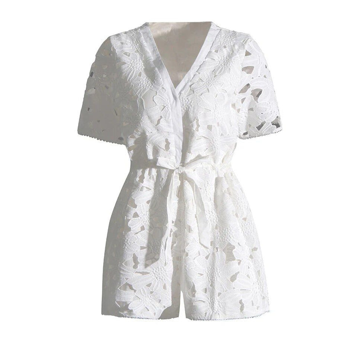 Elegant Embroidered Hollow-Out Playsuit