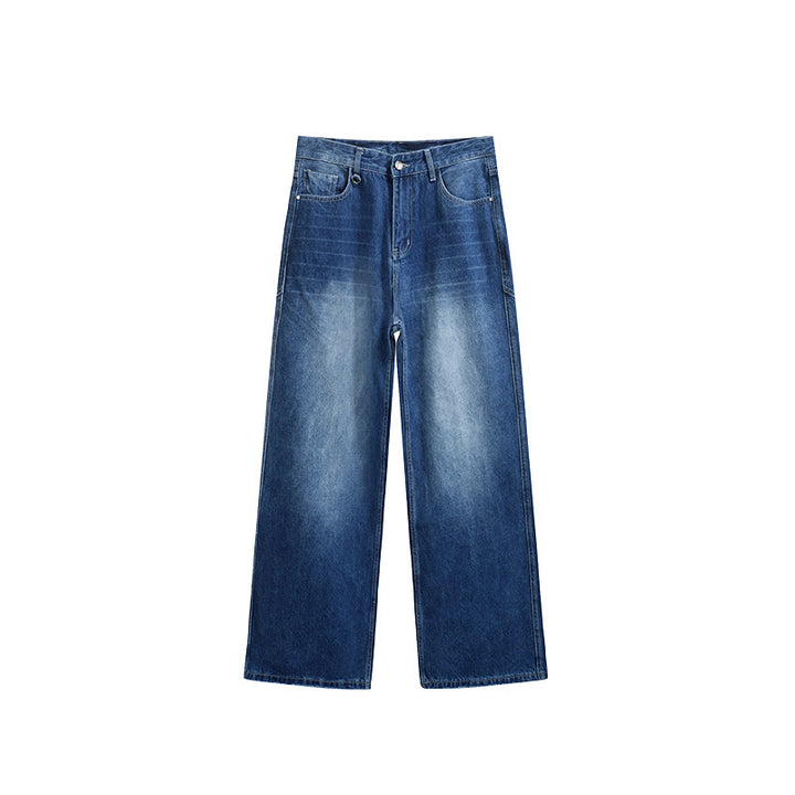 Men's Washed Blue 3D Cut Wide Leg Jeans