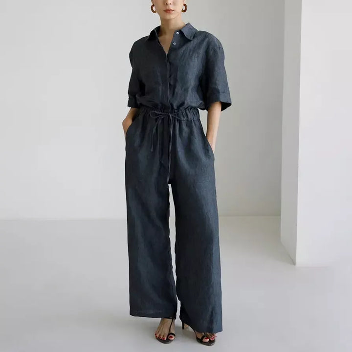 Short Sleeve Linen Jumpsuit with Wide Pants