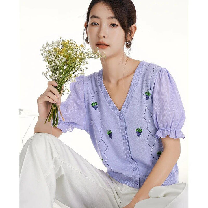 Summer Puff Sleeve V-Neck Knit T-Shirt with Grape Embroidery