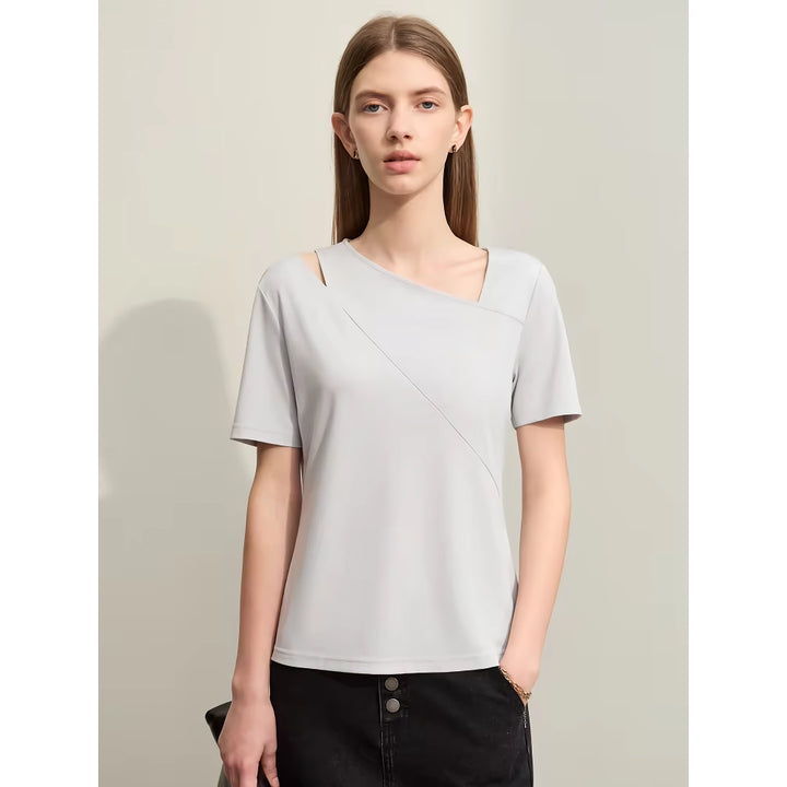 Asymmetric Oblique V-neck Split Short-sleeved Slim Stretch Casual Top