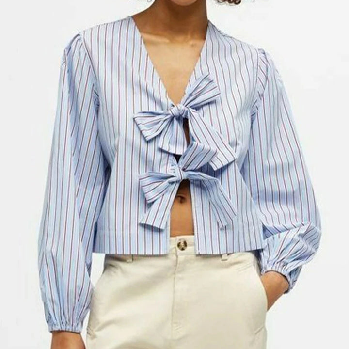 Elegant Striped Print V-neck Blouse