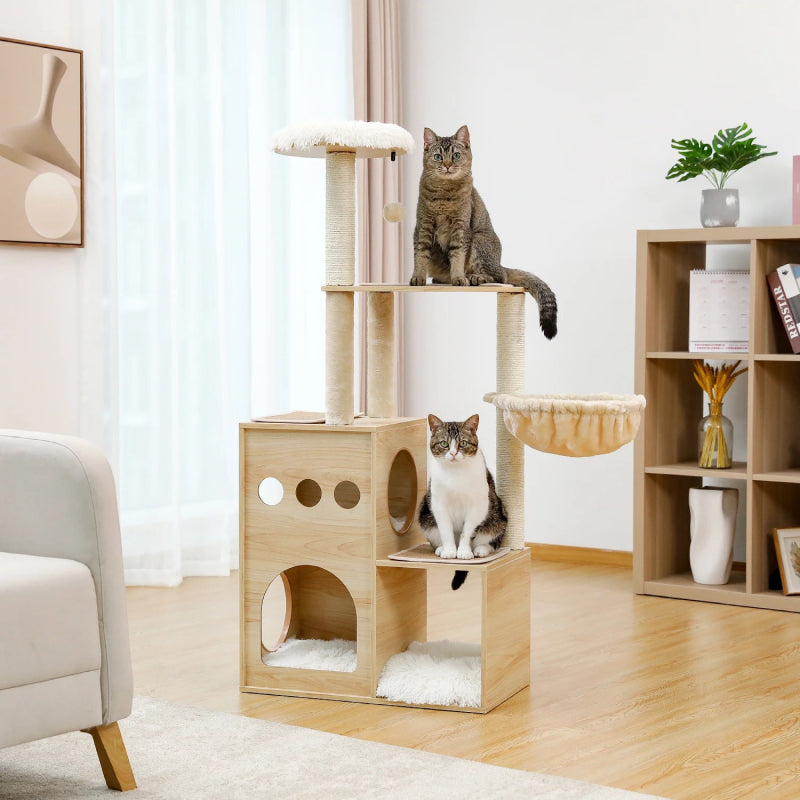 Wooden Cat Tree with Sisal Scratching Posts, Cozy Condo & Hammock