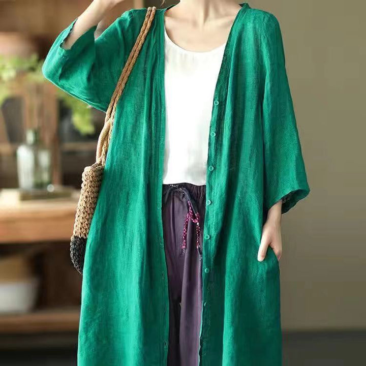 Artistic Plus Size Loose Mid-length Cotton And Linen Shirt Solid Color