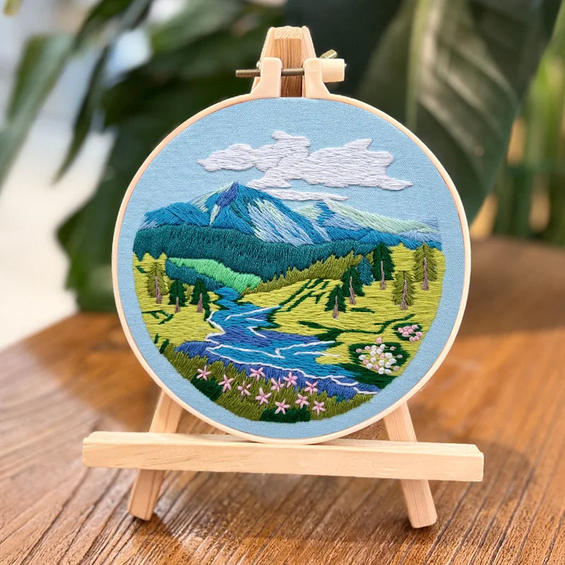 DIY Landscape Embroidery Kit with Printed Pattern and Plastic Hoop