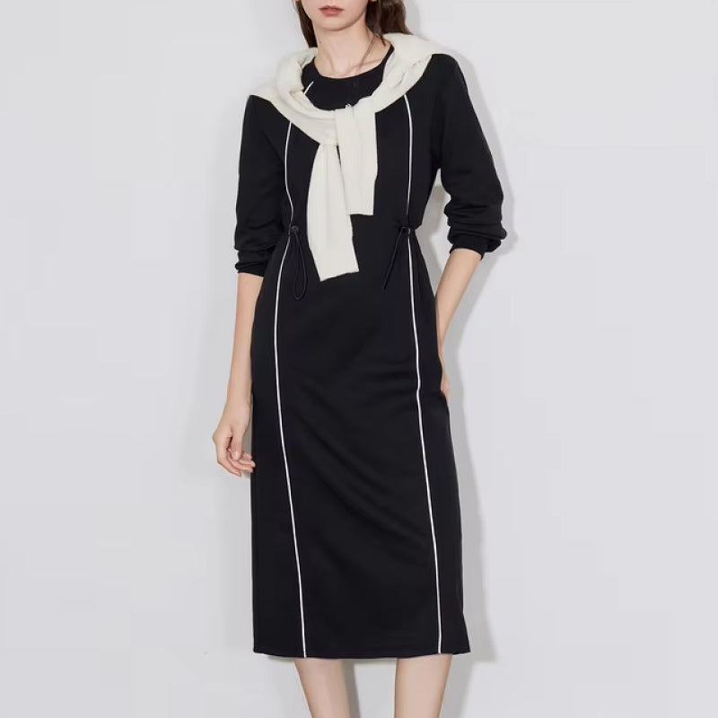 Sports Contrasting Color Pullover Dress with Drawstring Belt