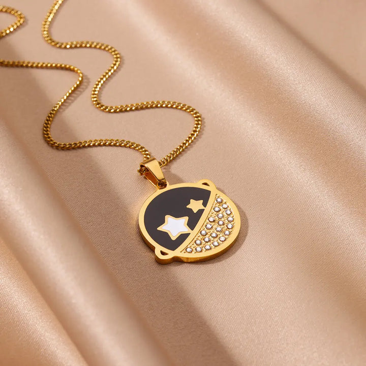 Gold Celestial Star & Planet Pendant Necklace - Trendy Stainless Steel Jewelry